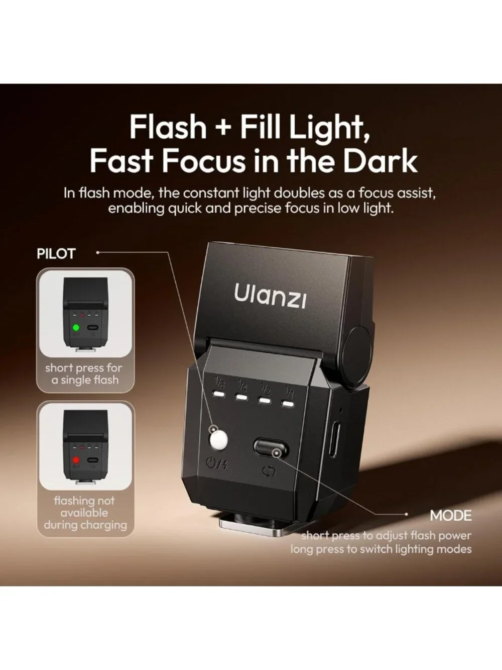 Mini Flash Speedlite & Video Light for DSLR Cameras - GN8, 6500K, Adjustable
